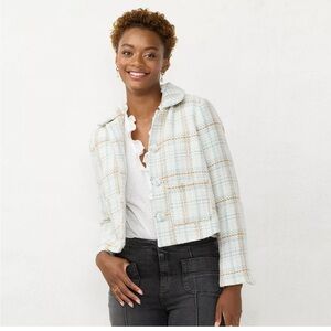 Lauren Conrad White Blue Tan Plaid Jacket Size XLP